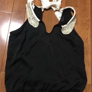 Guess Black Halter Tank Top with White Embellished Collar